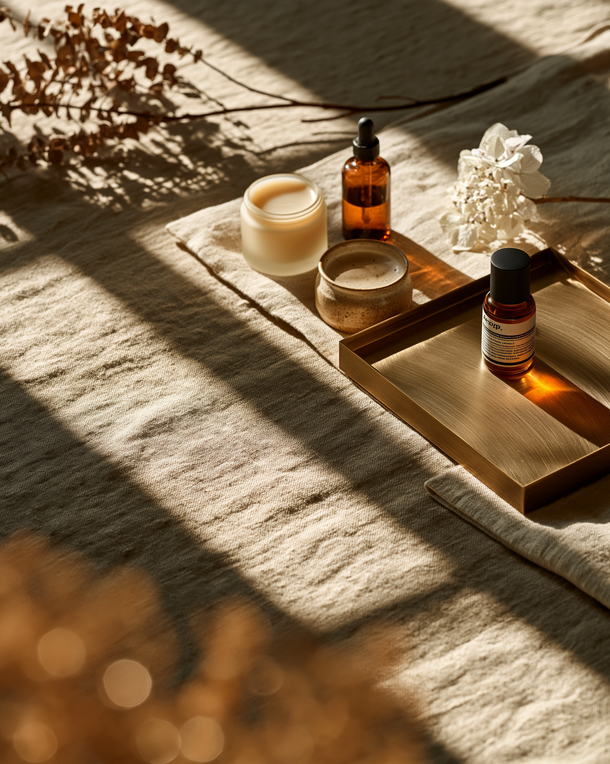 Curated Loro Derm Clinic skincare collection on cream linen